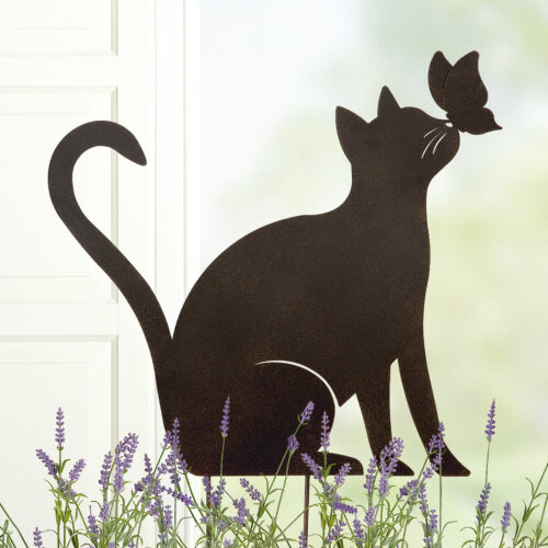 Metall Gartenstecker Katze mit Schmetterling Gilde